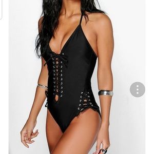 Boohoo black lace up swimsuit